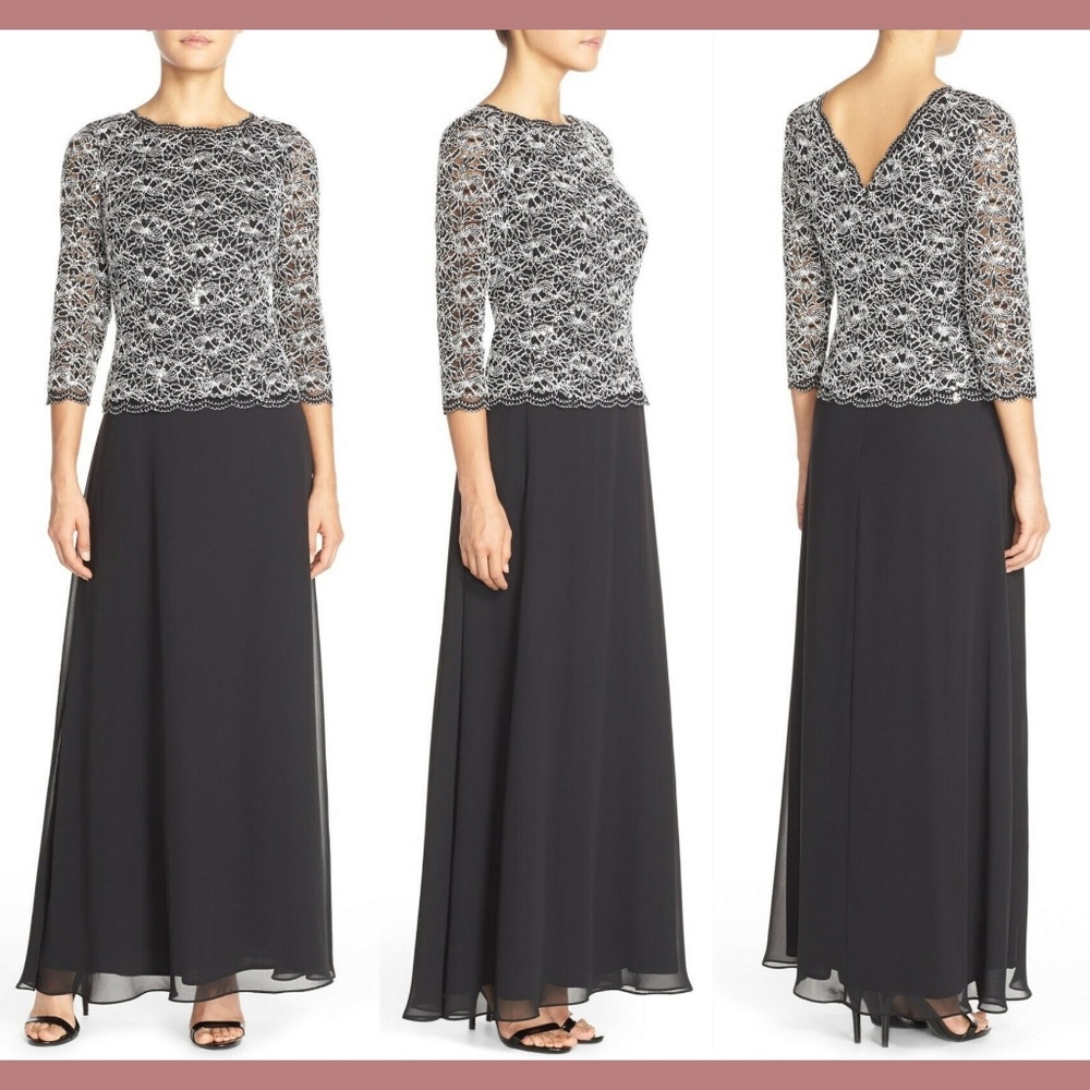 NEW Alex Evenings Lace & Chiffon Mock‎ Two-Piece Gown [SZ 10 ] Black